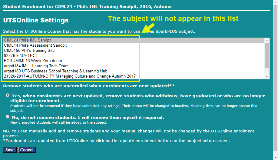 Missing UTSOnline subject in SPARK