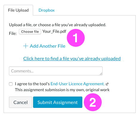The File Upload page that displays when submitting a Canvas assignment. Shows options to choose a file to upload, add another additional file, or find a file you’ve already uploaded to Canvas. This is followed by a comments field, and links to Cancel or Submit Assignment.
